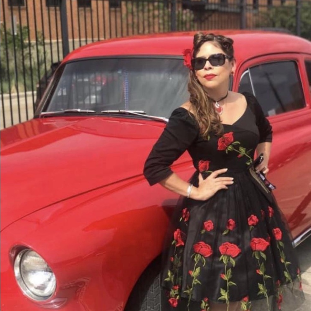 Black Vintage Dress with large Red Roses Small